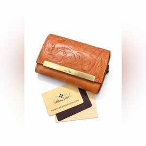 Patricia Nash Tooled Leather Trifold Wallet - Cognac Brown with Gold Bar